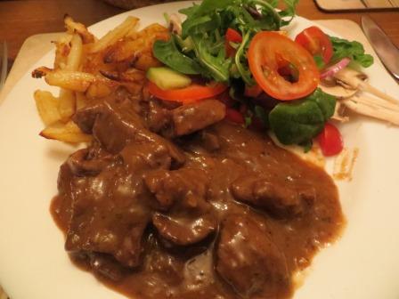 Carbonnade, chips and salad